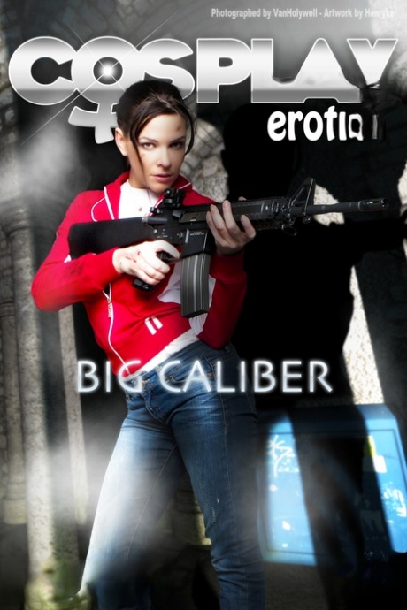 Brunette cosplayer releases her big tits while holding a rifle