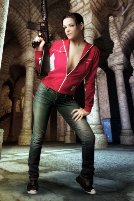Brunette cosplayer releases her big tits while holding a rifle